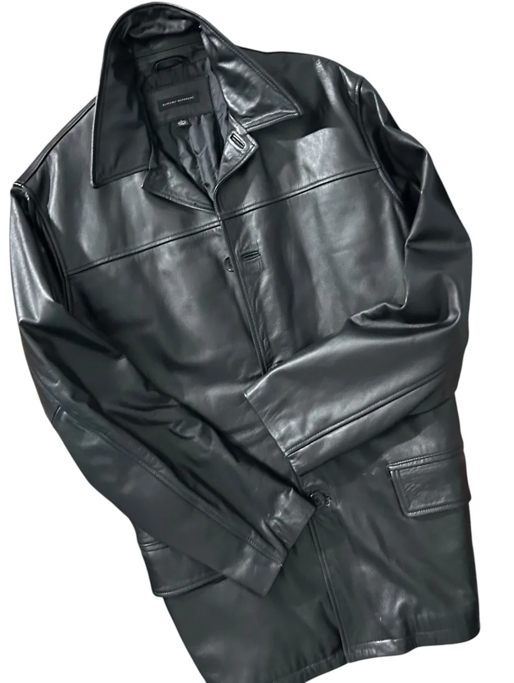 BANANA REPUBLIC Mens (L) Vintage Black 100% Leather Trench Coat Mid-Length Lined